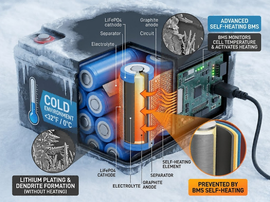 Lithium iron phosphate LiFePO4 battery pack internals demonstrating self-heating BMS technology that prevents lithium plating and dendrite formation during cold weather charging below 32°F Lithium iron phosphate LiFePO4 battery pack internals demonstrating self-heating BMS technology that prevents lithium plating and dendrite formation during cold weather charging below 32°F